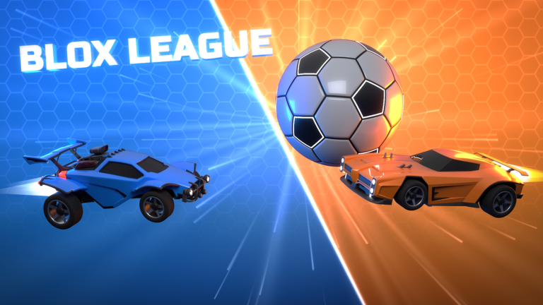 Blox League official banner with three cars and a giant football under stadium lights